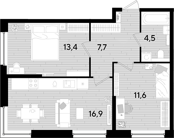 2-комн., 54.1 м², 2/16 этаж, ЖК «DОГМА ПАРК»
