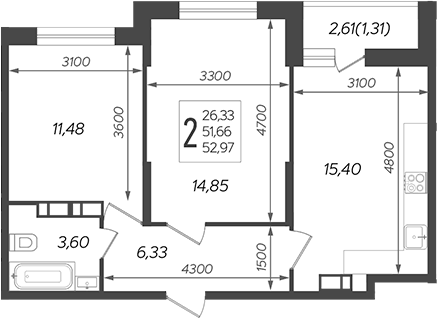 3-комн., 51.66 м², 13/19 этаж, ЖК «Смородина»