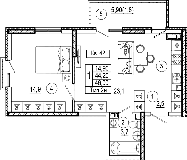 Продается 1-комн. квартира, 44.2 м²