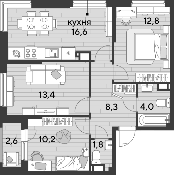 3-комн., 67.1 м², 12/16 этаж, ЖК «DОГМА ПАРК»