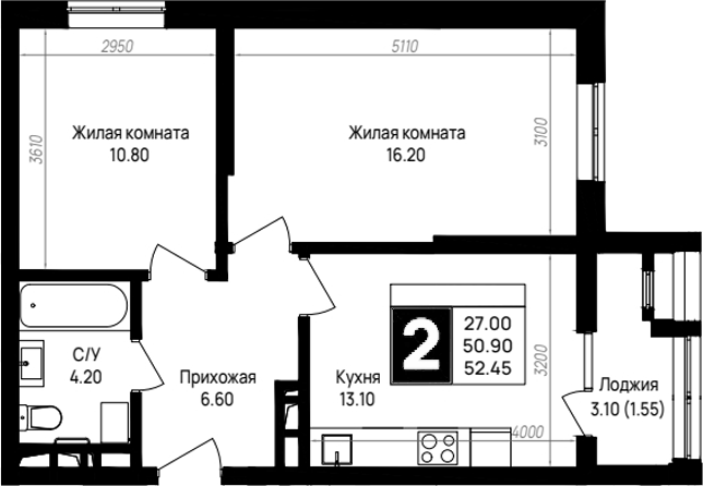 2-комн., 50.9 м², 5/9 этаж, ЖК «На высоком берегу»