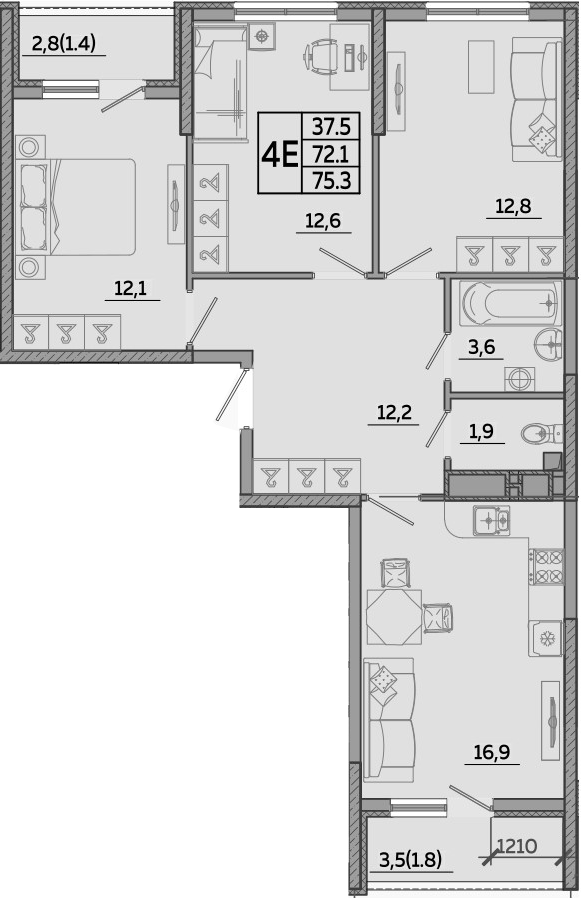 4+ комнаты, 73.1 м², 22/23 этаж, ЖК «Малина»