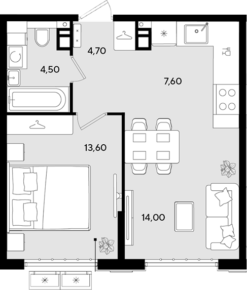 2-комн., 44.4 м², 3/9 этаж, ЖК «Порто-Ново»