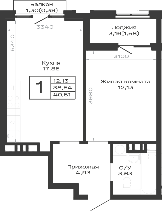 1-комн., 38.54 м², 4/9 этаж, ЖК «Суворов. ГК Во-первых»