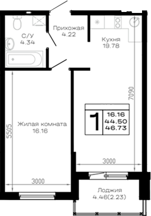 1-комн., 44.5 м², 2/4 этаж, ЖК «Усадьба Гостагаевская»