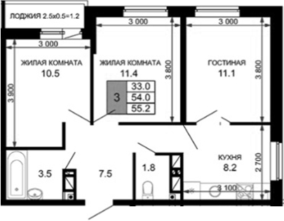 3-комн., 54 м², 7/16 этаж, ЖК «Дыхание»