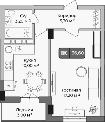 1-комн., 35.1 м², 8/9 этаж, ЖК «Опера»