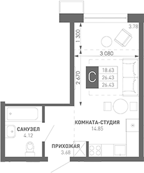 Студия, 22.65 м², 5/9 этаж, ЖК «Иначе в Молодежном»