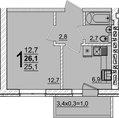 1-комн., 25.1 м², 4/5 этаж, ЖК «Дарград»