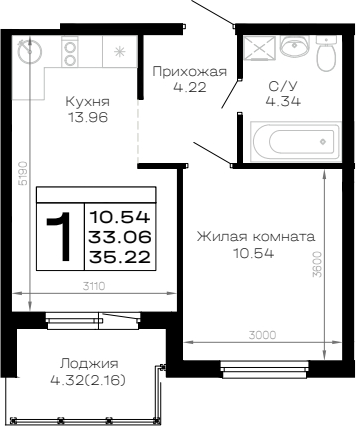 1-комн., 33.06 м², 3/4 этаж, ЖК «Усадьба Гостагаевская»