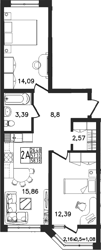 3-комн., 57.1 м², 1/16 этаж, ЖК «Яблоневый»