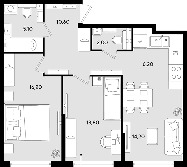 3-комн., 68.1 м², 2/9 этаж, ЖК «Порто-Ново»