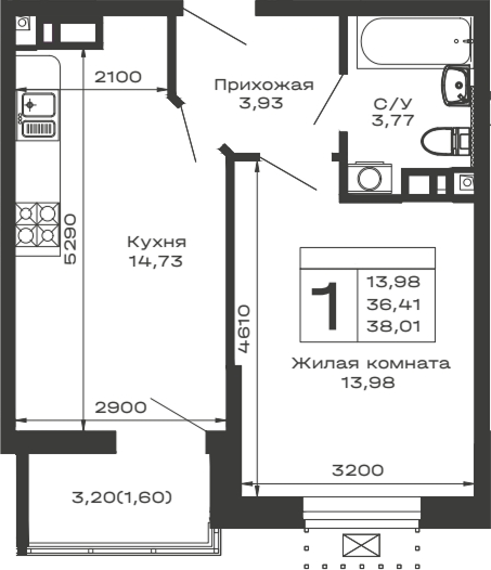 1-комн., 36.41 м², 10/13 этаж, ЖК «Долина»