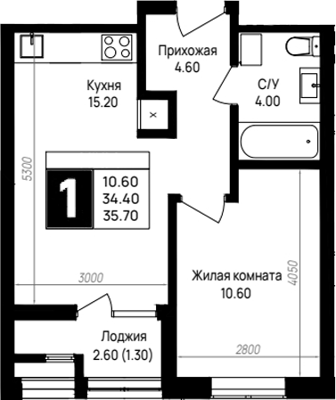 1-комн., 34.4 м², 9/9 этаж, ЖК «На высоком берегу»