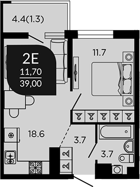 2-комн., 38.65 м², 21/22 этаж, ЖК «Отражение. Дарстрой»