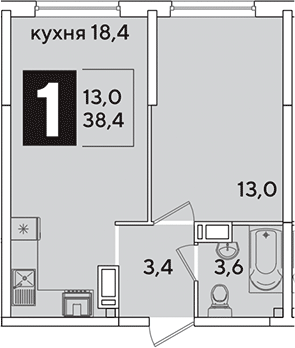 2-комн., 38.4 м², 13/16 этаж, ЖК «Самолет»