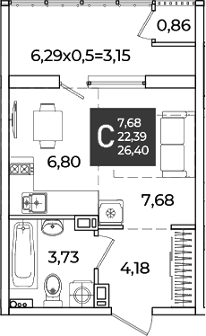 Студия, 22.39 м², 4/18 этаж, ЖК «Образцово»