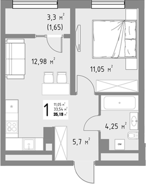 1-комн., 33.54 м², 6/9 этаж, ЖК «Коллекция»