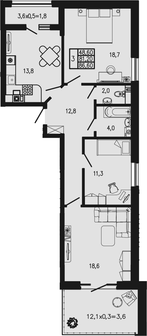 3-комн., 81.2 м², 1/4 этаж, ЖК «Экосфера»
