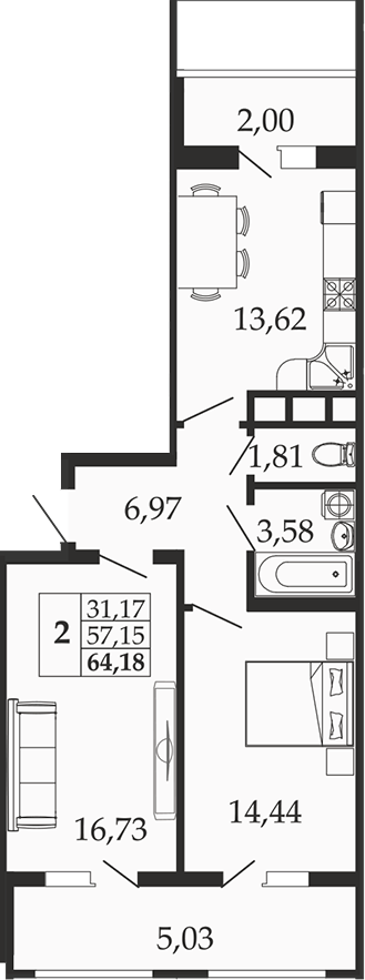 Продается 2-комн. квартира, 57.07 м²