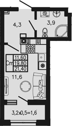 Студия, 19.8 м², 1/4 этаж, ЖК «Экосфера»
