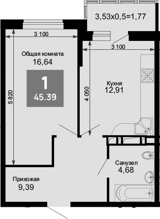 1-комн., 43.62 м², 6/15 этаж, ЖК «Лучший»