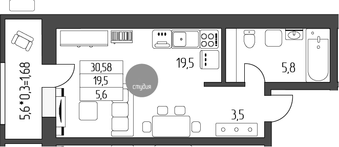Студия, 28.9 м², 3/5 этаж, ЖК «Лермонтов»