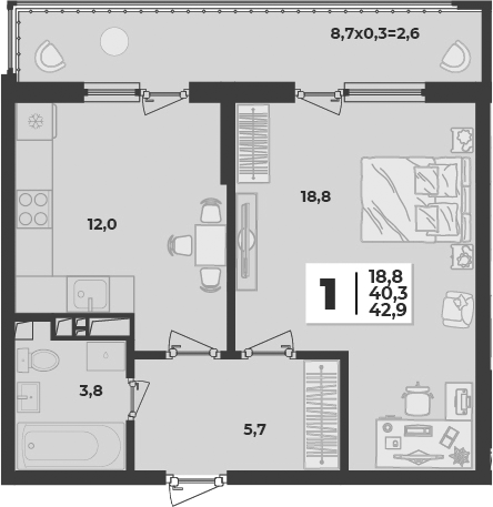 1-комн., 40.3 м², 3/9 этаж, ЖК «Лето»
