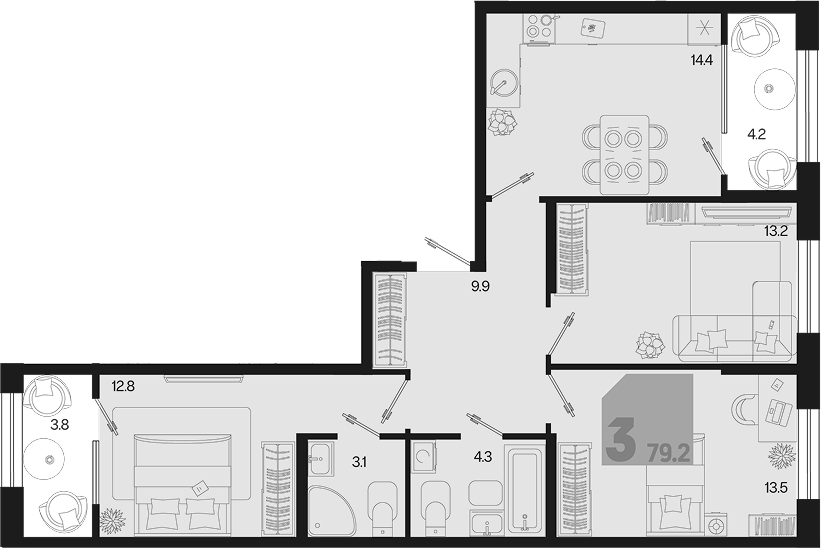 3-комн., 71.2 м², 2/9 этаж, ЖК «Первое место»