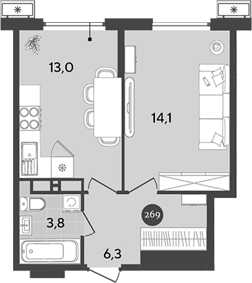 1-комн., 37.2 м², 10/18 этаж, ЖК «Порто-Ново»