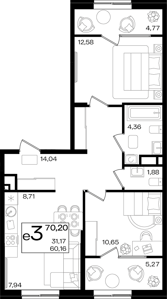 Продается 3-комн. квартира, 60.16 м²