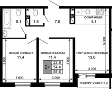 3-комн., 54.4 м², 16/16 этаж, ЖК «Дыхание»