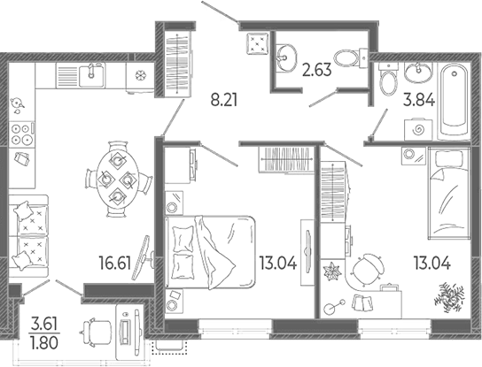 3-комн., 57.37 м², 8/21 этаж, ЖК «Эстет»