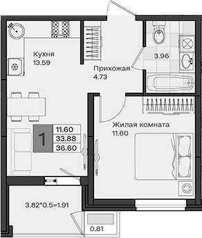 1-комн., 33.88 м², 3/8 этаж, ЖК «МОНО квартал»
