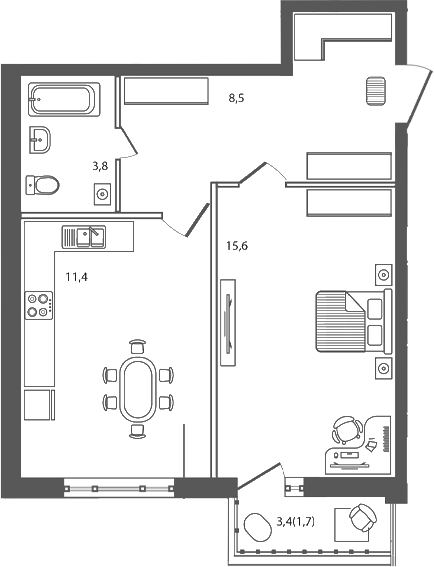 1-комн., 39.3 м², 1/9 этаж, ЖК «Сиреневый бульвар»
