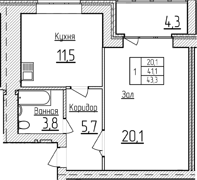 1-комн., 41.15 м², 5/5 этаж, ЖК «Фестивальный»