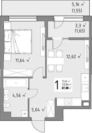 1-комн., 33.86 м², 3/15 этаж, ЖК «Коллекция»