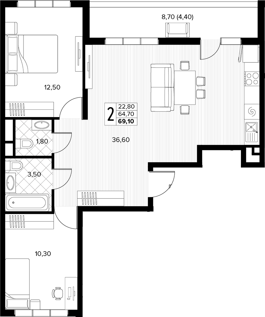 2-комн., 64.7 м², 2/6 этаж, ЖК «Кипарис»
