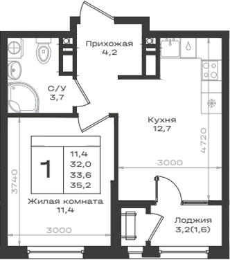 1-комн., 32 м², 12/12 этаж, ЖК «Нагория»
