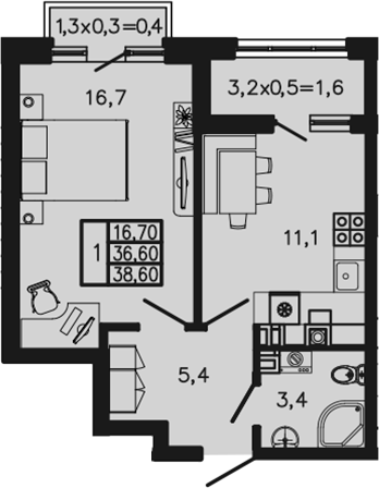 1-комн., 36.6 м², 2/4 этаж, ЖК «Экосфера»