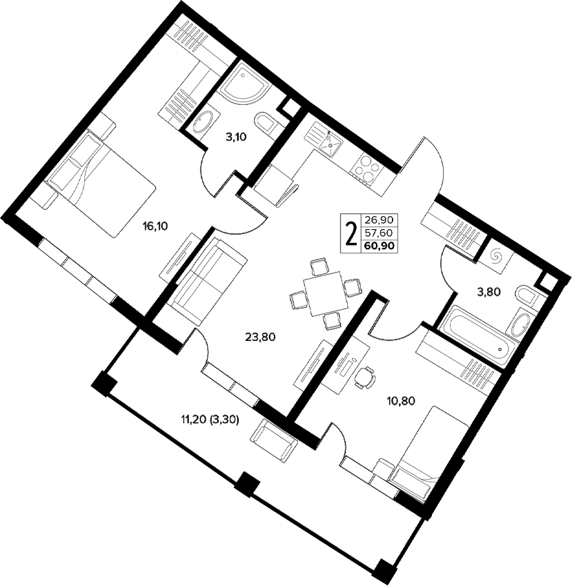 2-комн., 57.6 м², 2/8 этаж, ЖК «Кипарис»