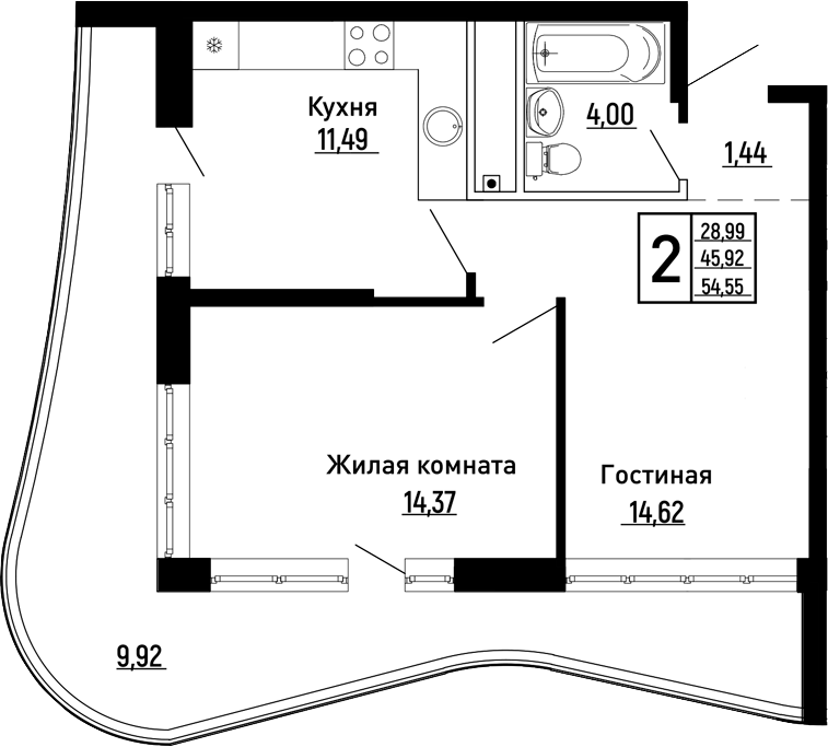 2-комн., 44.63 м², 7/16 этаж, ЖК «Sun Hills Ольгинка»