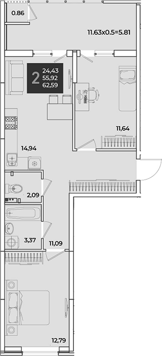 2-комн., 55.92 м², 2/18 этаж, ЖК «Образцово»