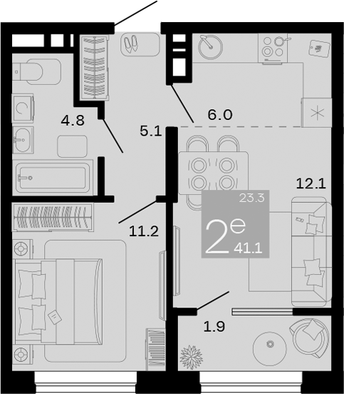 2-комн., 39.2 м², 6/9 этаж, ЖК «Хозяин Морей»