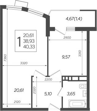 1-комн., 38.93 м², 18/21 этаж, ЖК «Режиссер»
