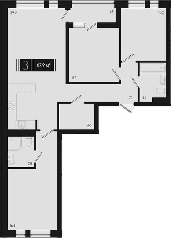 3-комн., 86.35 м², 6/9 этаж, ЖК «Эрмитаж»