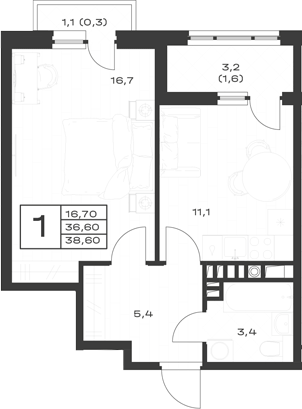 1-комн., 36.7 м², 2/4 этаж, ЖК «ЭкоСфера. ГК Во-первых»