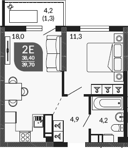 2-комн., 38.4 м², 23/23 этаж, ЖК «Облака»
