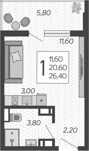 Студия, 20.6 м², 10/10 этаж, ЖК «Горный квартал»