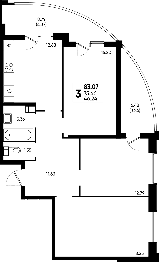 3-комн., 75.46 м², 11/18 этаж, ЖК «Достояние»